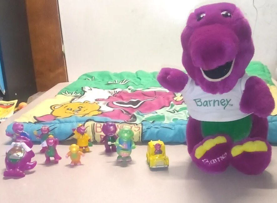 Barney Vintage 1992 Sleeping Bag, Plush And Shirt, PVC Toy