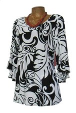 Elegant Tropical Black and White Pareo 3/4 Sleeve Ruffle Blouse Tunic 100 Rayon