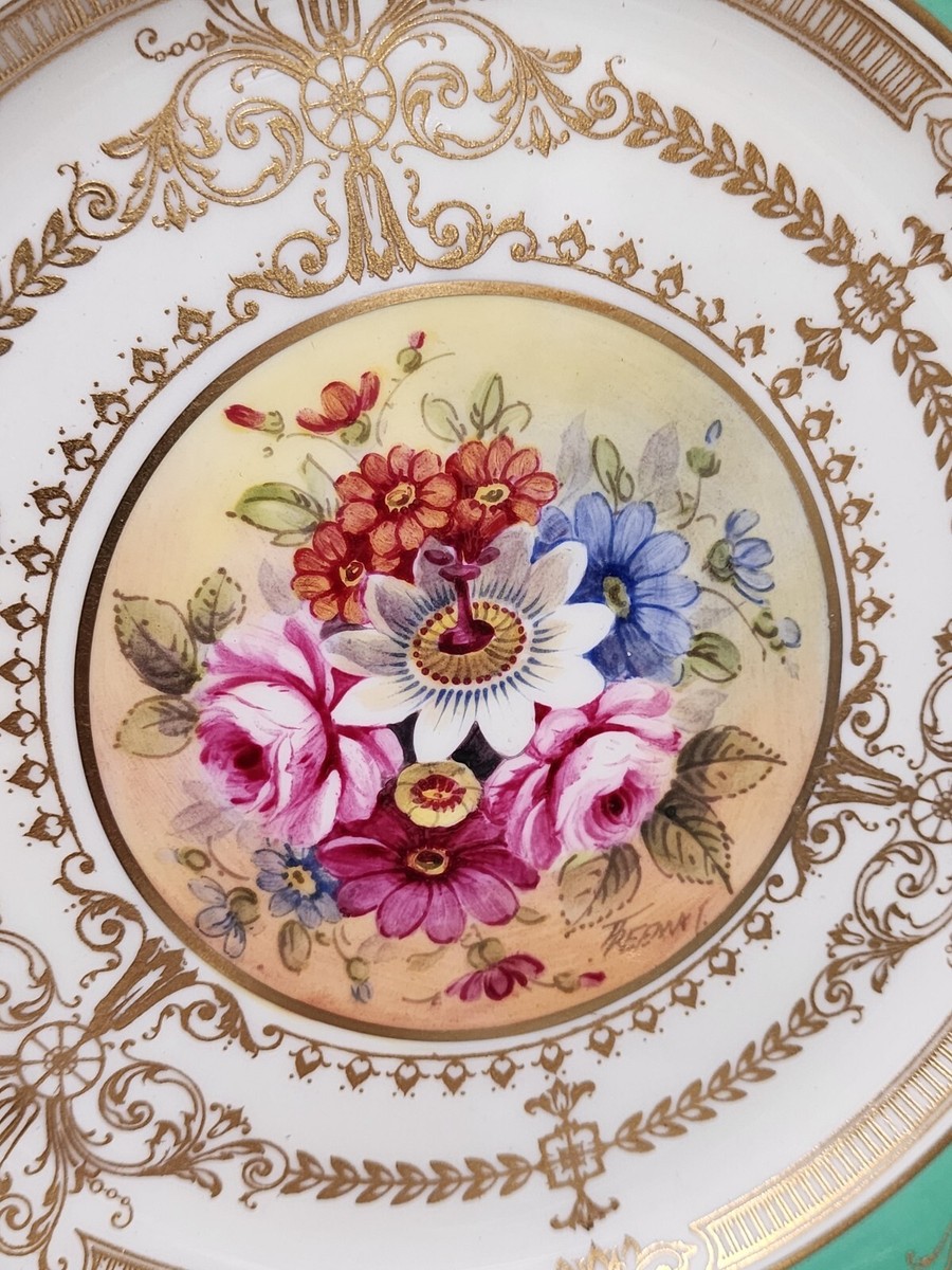 Royal Worcester Hand Painted Floral SIGNED Gold Encrusted Green