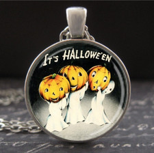 It's Halloween Jewelry Little Jack-o'-lantern Ghosts Necklace Retro Art Pendant