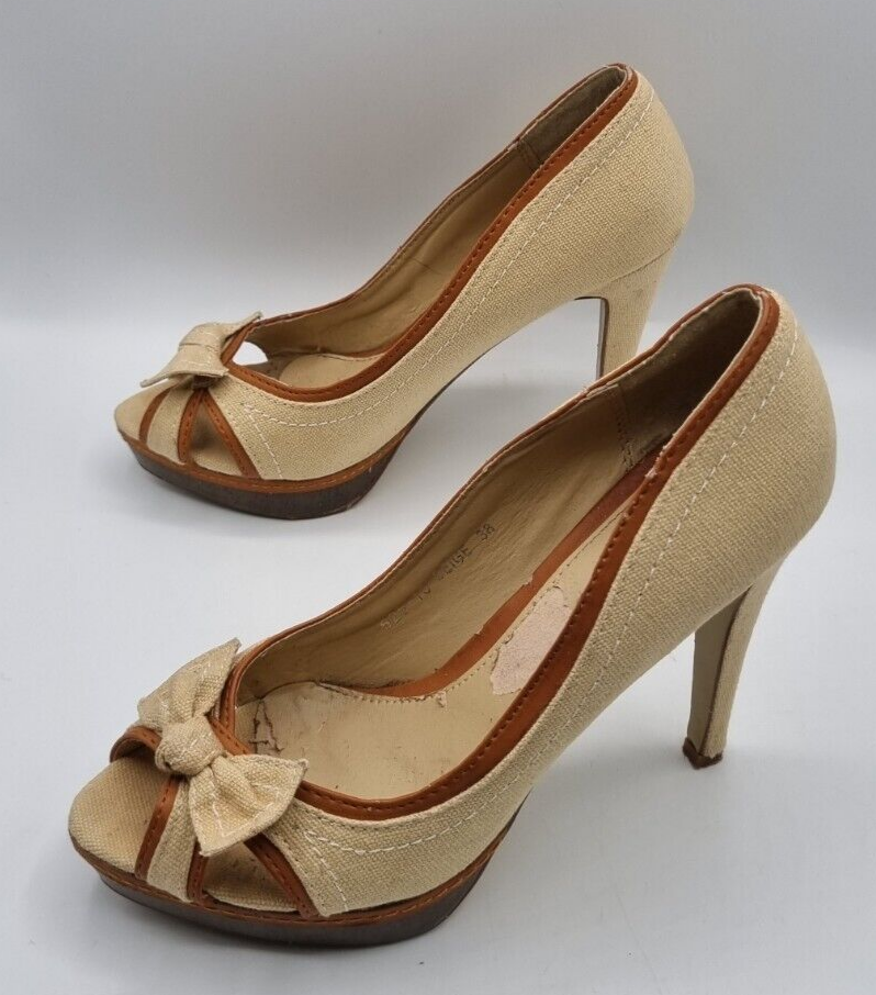 Damen High Heels mit Schleife, Gr. 38, Beige und Braun, Peeptoe Pumps
