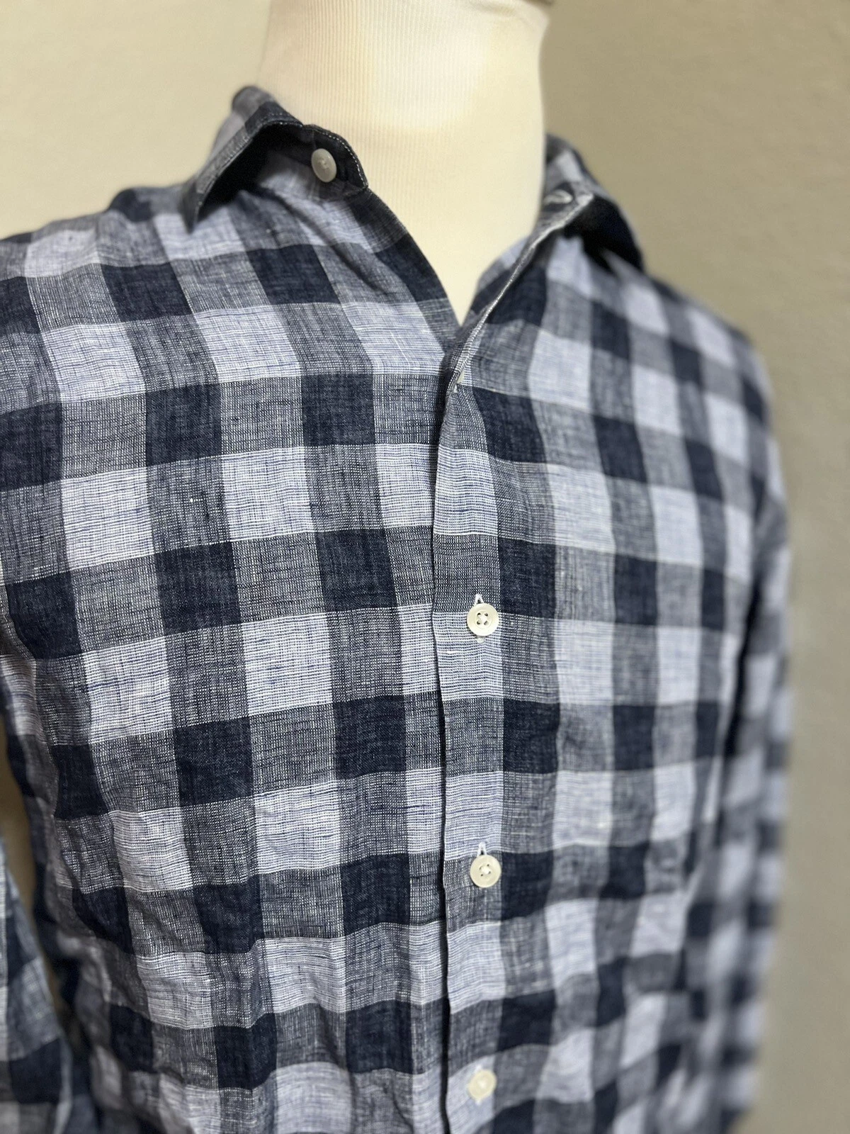 Culturata Tailored Fit Mens Blue Plaid 100% Linen Button Front Shirt Medium