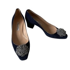 Oscar de la Renta Sunta Flower Pump Suede Beaded Navy Blue Silver 37 EUC
