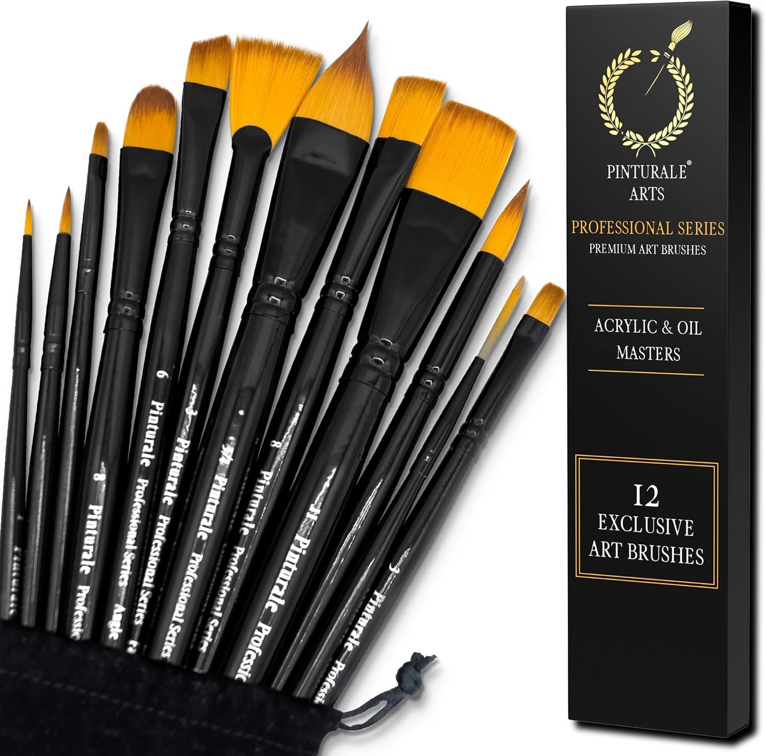 12 Professional Acrylic & Oil Painting Brushes for Artists | Black Set
