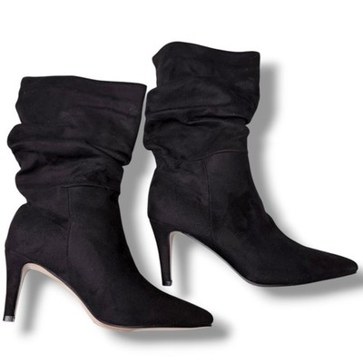 NEW Boutique Black fsuxSuede Slouch Pointed Toe Stiletto Heel Boots Size 37 6 US