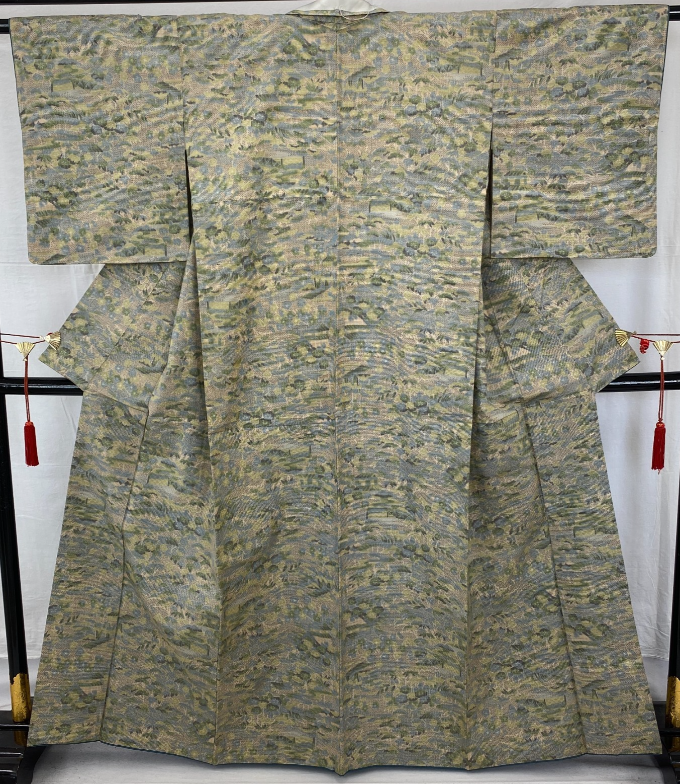 Japanese Vintage Kimono Silk Green Tumugi Traditional Authentic Length 62 in