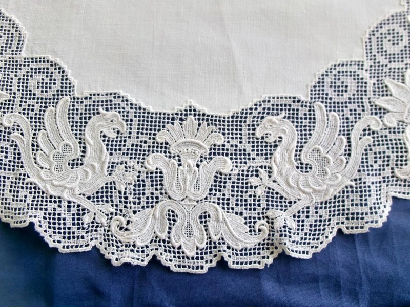 Antique Figural Griffin Linen Centerpiece Doily Schiffli Chemical Filet Lace18'