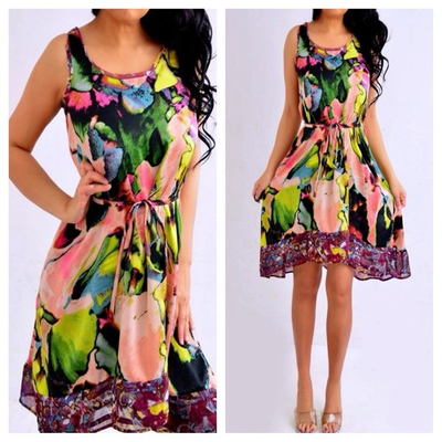 #ad SIMPLY VERA WANG Green Pink Blue Sleeveless Belted Hi Lo Dress XS Extra Small $22.22