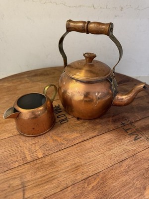 VTG Copper Plated Tea Kettle W/ Gooseneck Spout  Patina & Coppercraft Creamer