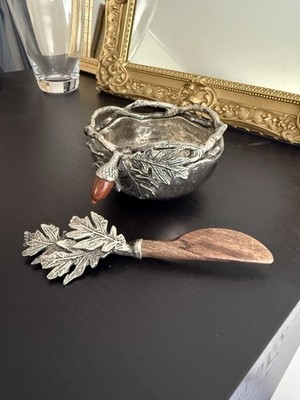Mud Pie Acorn Oak Leaf Metal Serving Dip Bowl Wood Spreader Fall Thanksgiving