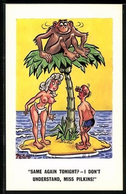 Künstler-AK Mann und Frau auf einer Insel Affe sitzt auf einer Palme Same a Akt 
