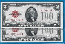 1928G $2 USN-Legal Tender 2) Sequential Notes,Red Seal,CH Crisp XF,Nice!