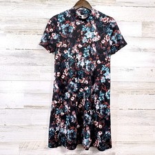 BCBGeneration Mock Neck Mini Dress Women Medium Black Floral Short Sleeve Shift
