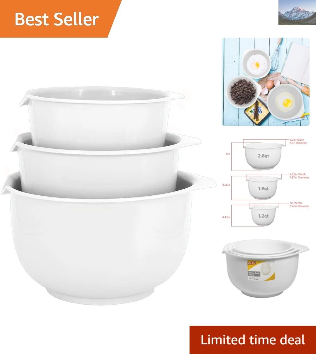 Nesting Mixing Bowls Set of 3 - Lightweight, Dishwasher Safe & Functional
