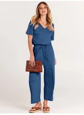 Anrabess Women’s M Short Sleeve Jumpsuit Wide Leg Cropped Blue V Neck
