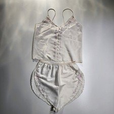 Vintage Victoria  s Secret Petite S Satin Cami Shorts Set Floral Lace Pink Bridal