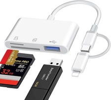 SD Card Reader for iPhone iPad Mac, One built-in cord Lightening USB-C 