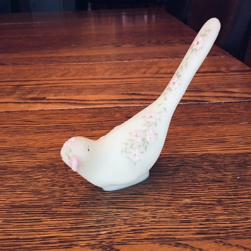 Vintage Fenton Bird - Satin Custard - Hand Painted Pink Blossom -With Signature
