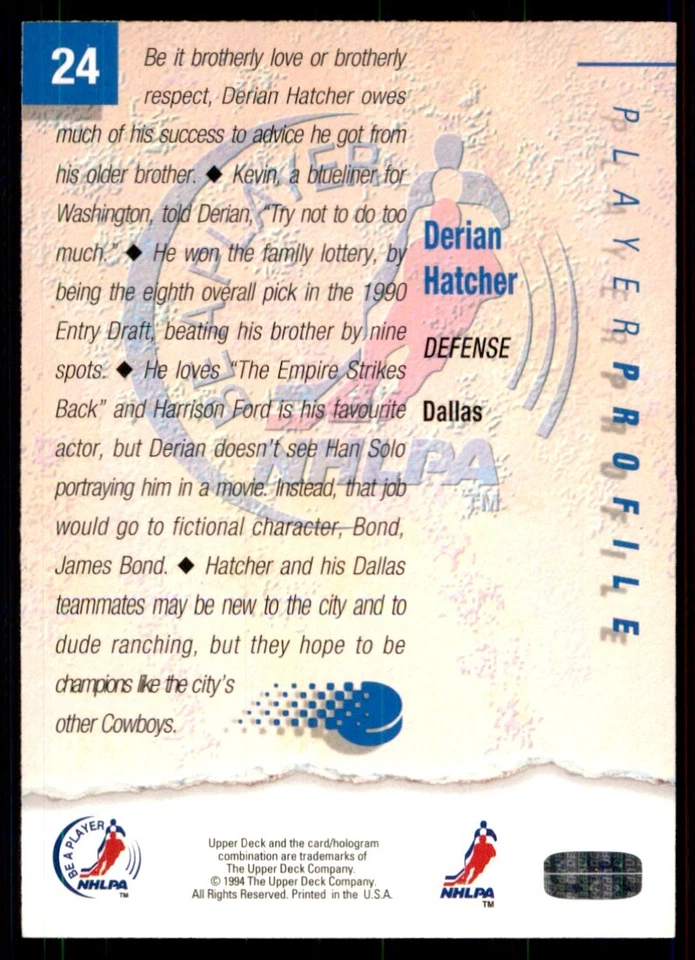 1994-95 UPPER DECK NHLPA/BE A PLAYER DERIAN HATCHER DALLAS STARS #24 - Image 2 of 2