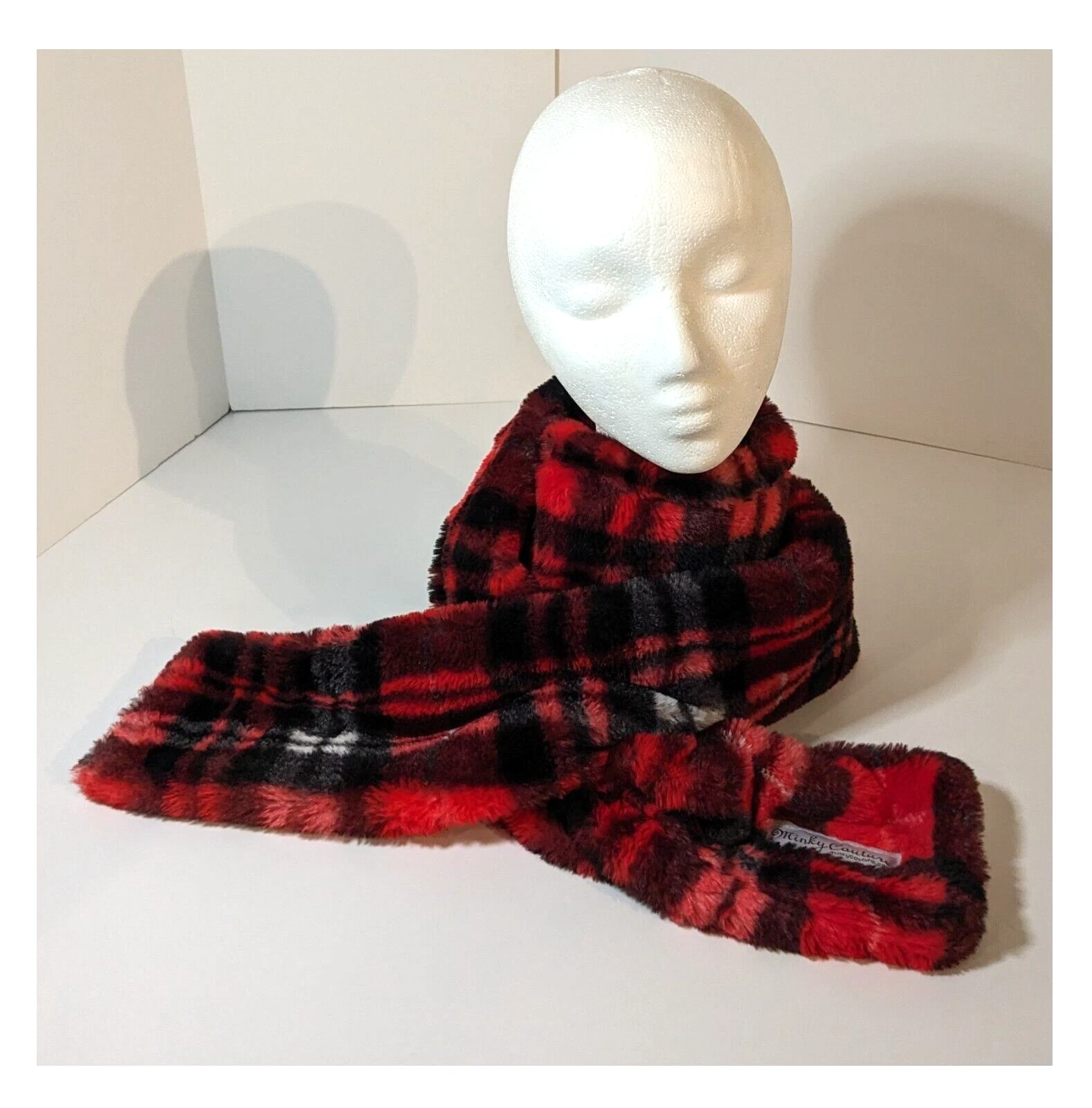 Minky Couture Faux Fur Ski Scarf, Super Soft, Red Black & White Plaid, Warming