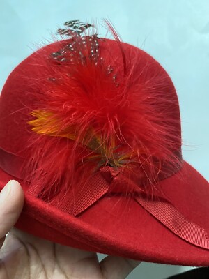 Needles Custom Rare Vintage Red Doeskin Felt Wool Feather Bow Net Hat Bollman Vintage Red Wool Felt Hat by Doeskin, Made in USA, With  main image 4