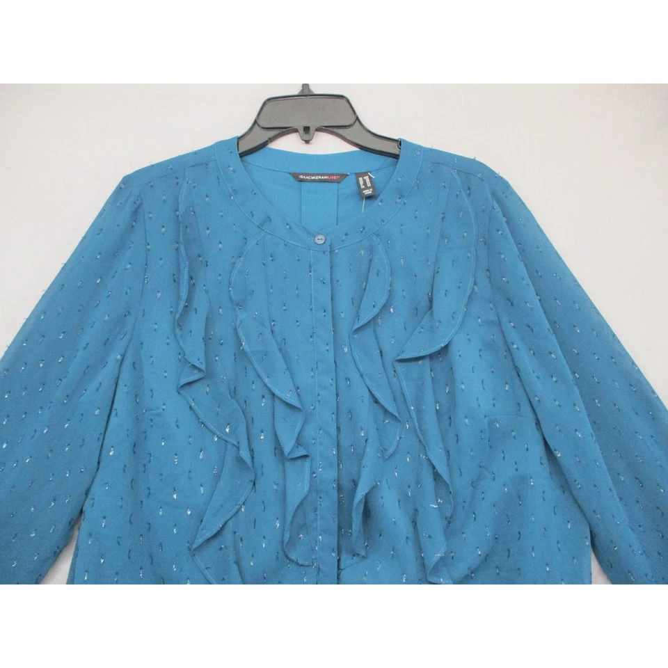 Isaac Mizrahi Live! Blusa azul con volantes a lunares manga transparente para mujer talla 18W Foto 2 de 4