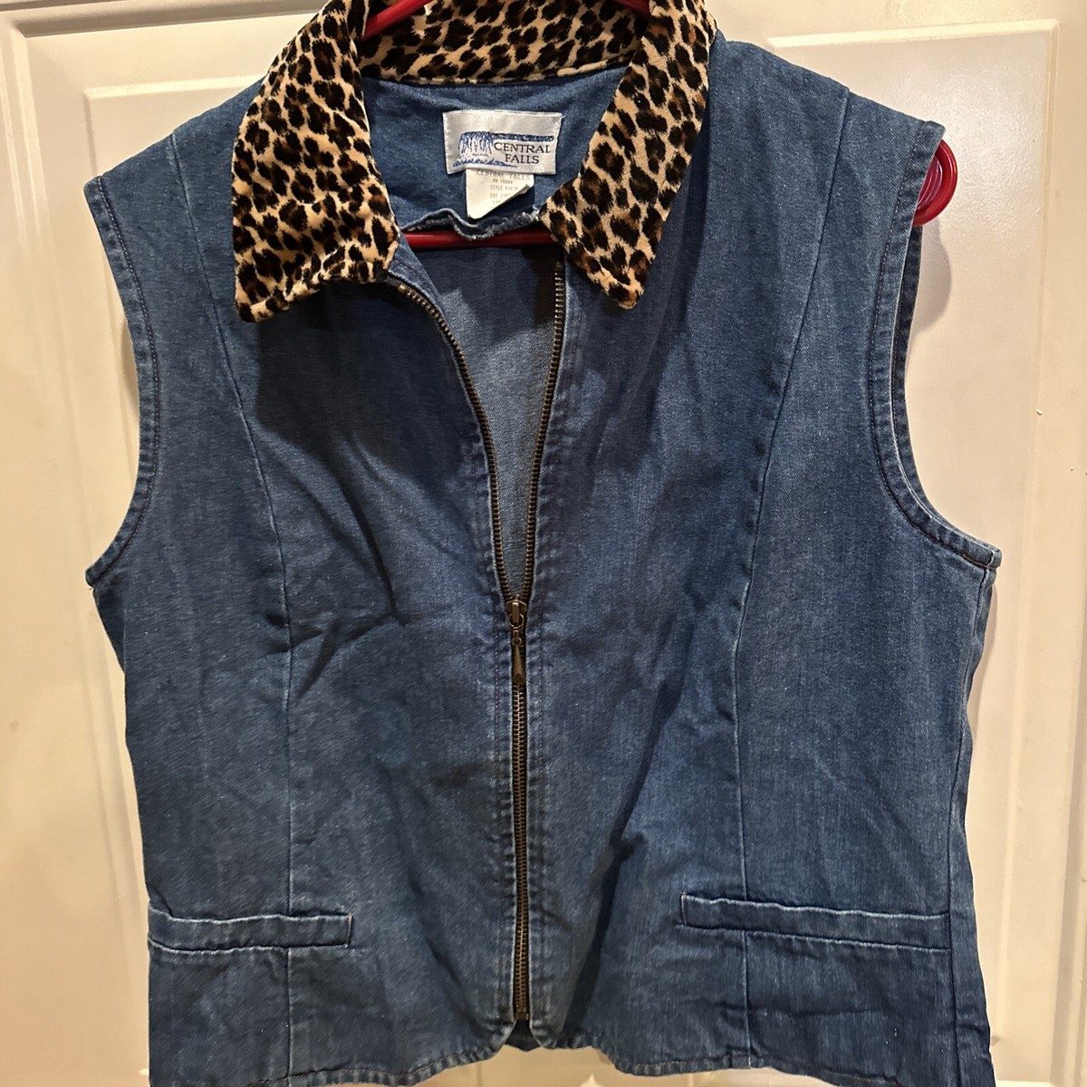 Central Falls Denim Vest Full Zipper Faux Leopard Collar