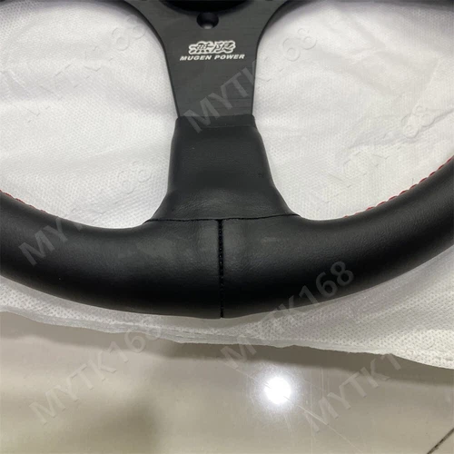 Mugen Genuine Leather Steering Wheel 340mm Flat bracket Drift Horn Red Stitching - Picture 2 of 8