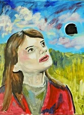 original acrylic painting art woman looking up landscape mystery