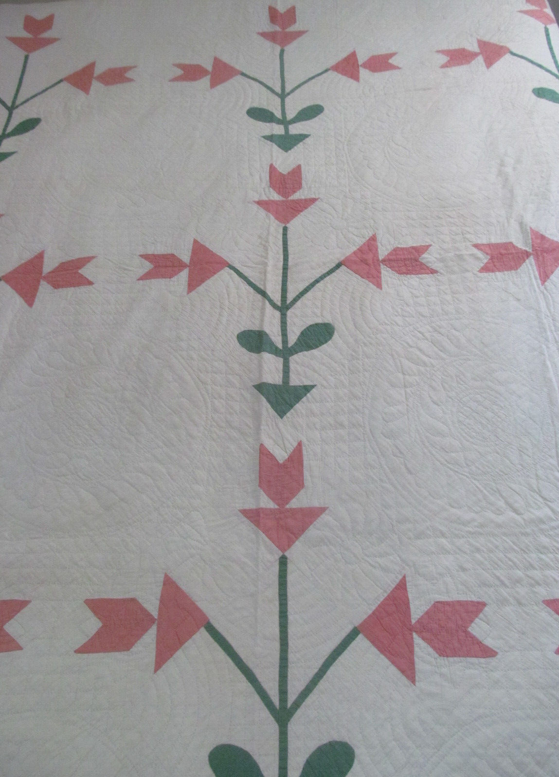 Handmade North Carolina Lily Antique Quilt Lush Quilting~Salmon Red Green 82x84