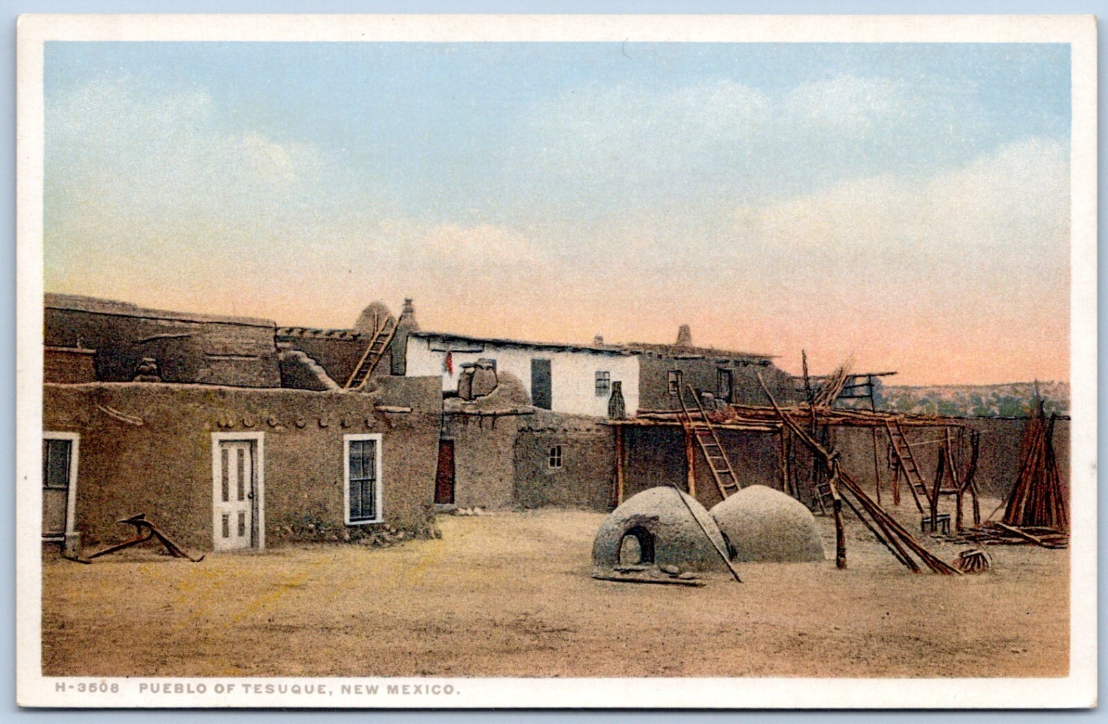 Postcard Pueblo Of Tesuque New Mexico Fred Harvey Phostint NM03 eBay