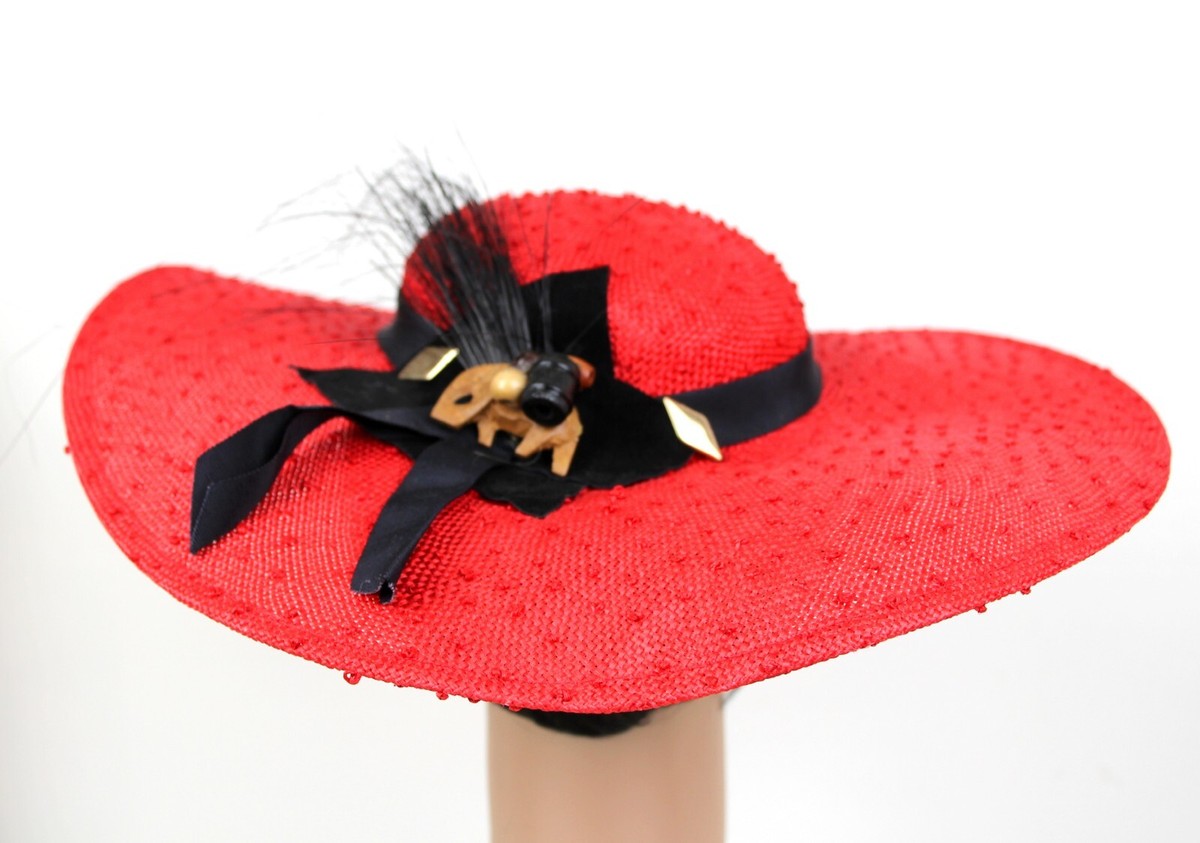 Sonni San Francisco Red Woven Straw Wide Brim Black Belt  display picture 1