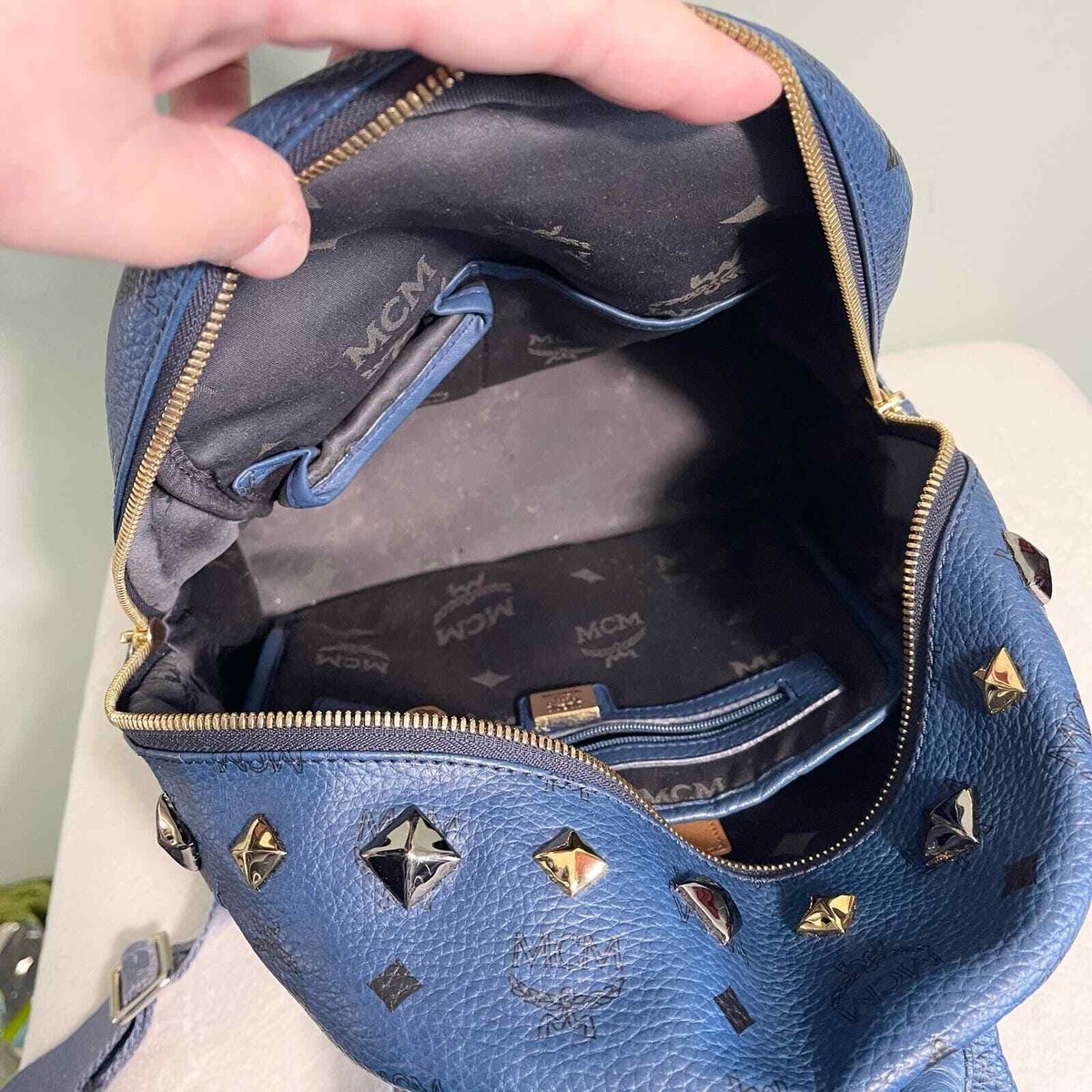 MCM Munchen Blue Leather Embellished Golden & Silver Studded MCM Munchen Blue Leather Embellished Golden & Silver Studded