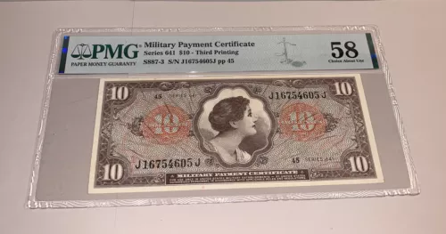 PMG Military Payment Certificate $10 Banknote Series 641 58 AU