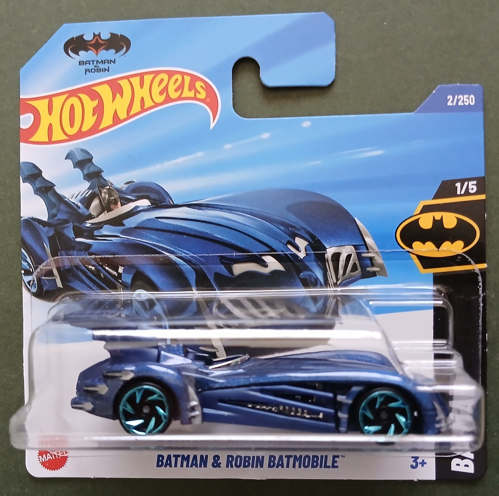 HOT WHEELS 2025 BATMAN & ROBIN BATMOBILE, BLUE , SHORT CARD.