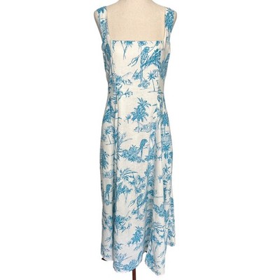Joie Women's 6 Midi Dress Blue White Tropical Toile Linen Blend Square Neck