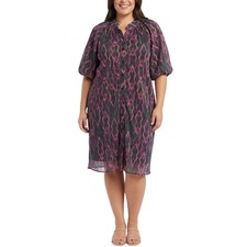 Ciebon Plisse Button Front Puff Sleeve Ikat Dress Pink Purple Black Size 1X NEW