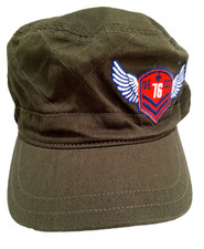 Military Cadet Cap Hat With Chevron 76 Applique Army Green Elastic Back L-NWT