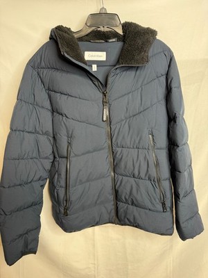 Calvin Klein Sorona Aura Mens Blue Sherpa Hooded Full Zip Winter Puffer Jacket L