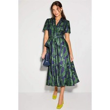 Badgley Mischka Short Sleeve Collar Full Skirt Day Dress Green Navy Midi Size 8