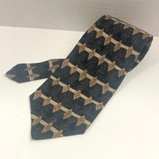 Sabatini Mens Silk Necktie Navy Blue Tan Geometric Diamond Pattern Made in USA