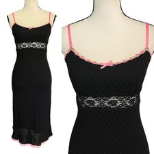 Vintage Betsey Johnson Sheer Swiss Dot Mesh Lace Pink Ribbon Floral Slip Dress S