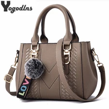 Women Leather Embroidery Messenger Bag Handbag Hair Ball Ladies Shoulder Bag