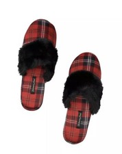 NEW VICTORIA'S SECRET Signature Satin Slippers Shoes Plaid Red L 9-10