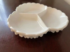 Vtg White Milk Glass Hobnail Ruffled 3 section Divided Relish Candy Dish 7.5"