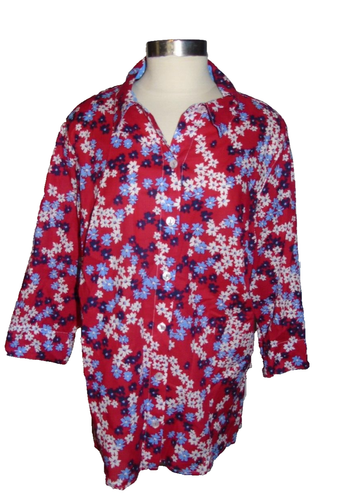 Alfred Dunner Woman Medium Land of Freed Red Floral Button up 3/4 Sleeve Top NEW