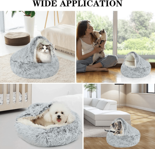 Winter Pet Dog Cat Bed Round Soft Long Plush Fluffy Cat Puppy Self Warming Cave - Picture 1 of 6