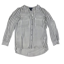 H&M White Black Striped Button Front Blouse L/S Roll Tab V-Neck Size 2 Chiffon