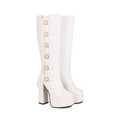 Womens Square Toes Round Buckle Supper High Heels Boots Thick Heel Long Boots