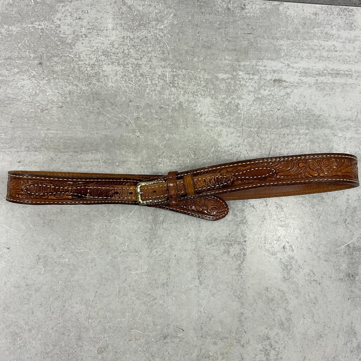 Tony Lama Western Brown Tooled Leather Filigree Silver Ornate Buckle Belt 38 Tony Lama Women main image 4